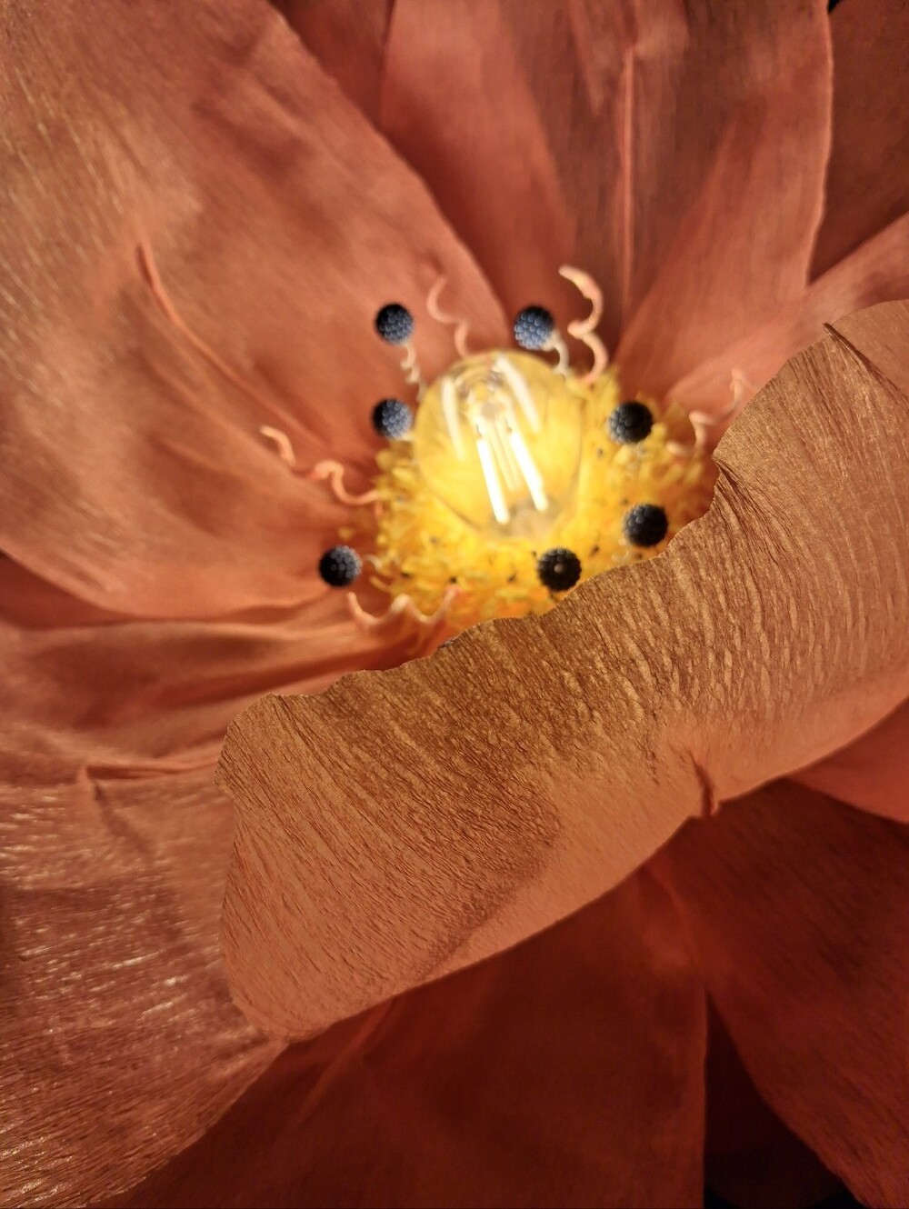 Handcrafted Coral Italian Crepe Paper Flower Hanging Lamp, LED